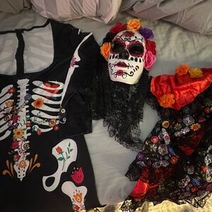 4 Pcs Women Day of the Dead Costume Halloween Tie on Bustle Dia De Los Muertos S